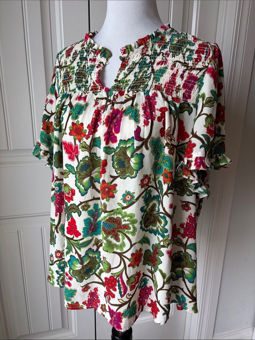 Rose & Olive Ivory Floral Smocked-Yoke Blouse with Green & Red Accents - Picture 2 of 8